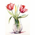 Watercolor Illustration Of Red Tulips In A Vase