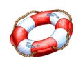 Watercolor illustration of a red and white life buoy with ropes on it. Royalty Free Stock Photo