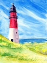 Watercolor illustration of a red and white lighthouse on a green hill Royalty Free Stock Photo