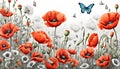 Watercolor illustration. Red and white poppies with butterflies on white background Royalty Free Stock Photo