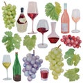 Watercolor illustration of red, white and rose wine in glasses and bottles, grapes and grape leaves Royalty Free Stock Photo