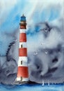 A watercolor illustration of a red and white striped lighthouse against a stormy sky Royalty Free Stock Photo