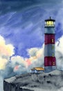 Watercolor illustration of a red and white striped lighthouse on a cliff Royalty Free Stock Photo