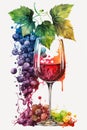 Watercolor illustration. Red wine in a glass and clusters of red grapes, vector illustration. Royalty Free Stock Photo
