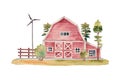 Watercolor illustration of red wooden barn, trees and windmill