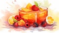 Watercolor illustration of red yellow jelly with berries. Ideal for art prints, recipe book, culinary blog, creative Royalty Free Stock Photo