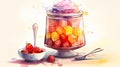 Watercolor illustration of red yellow jelly with berries. Ideal for art prints, recipe book, culinary blog, creative Royalty Free Stock Photo