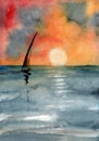 Watercolor illustration of a red and yellow sunset sky over a blue sea Royalty Free Stock Photo