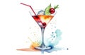 watercolor illustration of refreshing fruit cocktail. alcohol drink in glass with lime slice, straw Royalty Free Stock Photo