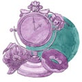 Watercolor illustration of a retro clock,bumblebee,flower and donut in gray color on a turquoise background