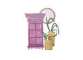 Watercolor illustration of retro closet two flower pots and mirror