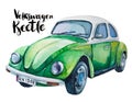 Watercolor illustration of retro green car