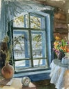 Watercolor drawing of retro interior of country house with bouquets of flowers on table, alarm clock and winter landscape outside