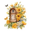 Watercolor illustration of retro vintage mailbox surrounded by yellow flower blossom. Design element isolated on white background Royalty Free Stock Photo