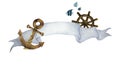 Watercolor illustration with ribbon for text and nautical. Anchor ,Steering wheel and fishes.