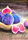 Watercolor illustration of ripe purple figs lying in a wooden bowl