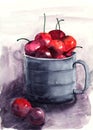 Watercolor illustration of ripe red cherries in a gray pewter metal mug Royalty Free Stock Photo