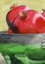 Watercolor illustration of ripe red pomegranates in a grey-green earthenware vase
