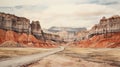 Monumental Scale Watercolor Painting Of A Road Leading Into A Canyon