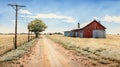 Watercolor Illustration Of Road And Two Large Red Barns Royalty Free Stock Photo