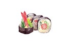 Watercolor illustration of rolls with shrimp, salad and onions