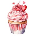 illustration, romantic desserts and sweets, cupcake decorated with hearts and flowers, valentines day
