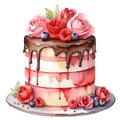 illustration, romantic desserts and sweets, wedding cake decorated with chocolate icing, berries and flowers,