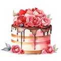illustration, romantic desserts and sweets, wedding cake decorated with hearts, chocolate icing, berries and roses,