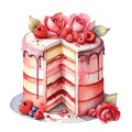 illustration, romantic desserts and sweets, wedding cake decorated with icing, berries, flowers and hearts, valentines