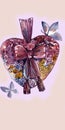 Pink heart with a romantic abstract pattern of rose flowers, a bow and butterflies.