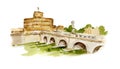 watercolor illustration of Rome, Italy, hand drawn panorama of Tiber, bridge and old fortress isolated on white