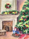 Watercolor illustration of a room with a large fireplace, a beautiful decorated Christmas tree