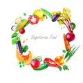 Watercolor illustration, round frame of vegetables. Vegetarian food.