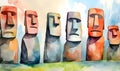 Watercolor illustration of a row of stone statues with the word life
