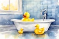 Watercolor illustration of a rubber duck in the bathtub.