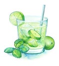 Watercolor illustration of the rum-based lime french coctail Ti` punch in the glass