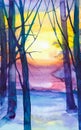 Watercolor illustration of a Russian village in a winter forest against the background of a sunset Royalty Free Stock Photo