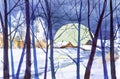 Watercolor illustration of a Russian village in a winter forest at night against a large bright moon Royalty Free Stock Photo