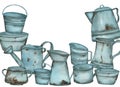 Watercolor illustration. Rusty Bucket, watering can, basin isolated