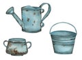 Watercolor illustration. Rusty Bucket, watering can, pot isolated