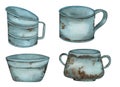 Watercolor illustration. Rusty Bucket, watering can, pot isolated