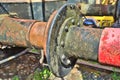 The rusty buffers of two old railway cars collide, transport