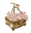 Watercolor illustration of rusty element with roses. An old rusty enamel element. Royalty Free Stock Photo