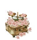 Watercolor illustration of rusty element with roses. An old rusty enamel element. Royalty Free Stock Photo