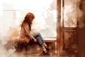 Watercolor illustration Sad and lonely girl, Unhappy figure, sorrow, Lady heartbroken by a breakup
