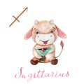 Watercolor illustration Sagittarius Bull Symbol of the year 2021 Zodiac Funny and cute Cow New Year illustration