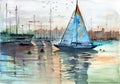 Watercolor illustration of a sailboat in a marina Royalty Free Stock Photo