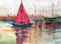 Watercolor illustration of a sailboat in a marina Royalty Free Stock Photo