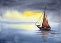 Watercolor illustration of a sailing boat with red sails Royalty Free Stock Photo