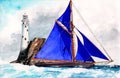 Watercolor illustration of a sailing ship with blue sails Royalty Free Stock Photo